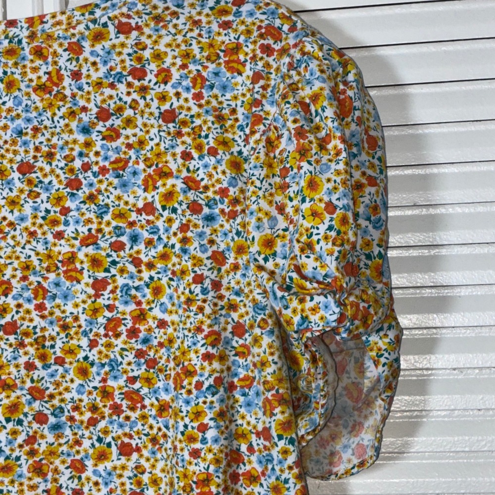 Zara Womens Large Floral Ditsy Print Puff Sleeve Tee Shirt Multicolor Cotton Mix - Picture 3 of 8